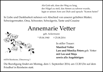 Traueranzeige von Annemarie Vetter von Echo-Zeitungen (Gesamtausgabe)