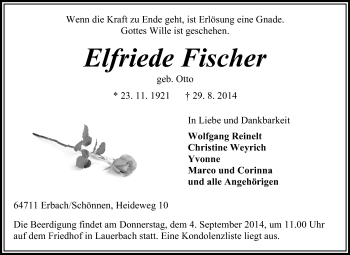 Traueranzeige von Elfriede Fischer von Odenwälder Echo