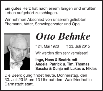 Traueranzeige von Otto Behnke von Echo-Zeitungen (Gesamtausgabe)