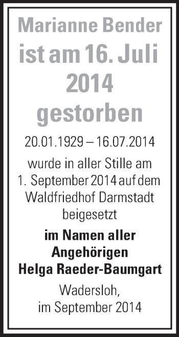 Traueranzeige von Marianne Bender von Echo-Zeitungen (Gesamtausgabe)