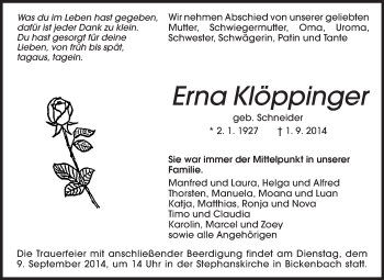 Traueranzeige von Erna Klöppinger von Echo-Zeitungen (Gesamtausgabe)