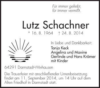 Traueranzeige von Lutz Schachner von Echo-Zeitungen (Gesamtausgabe)