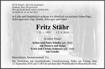 Traueranzeige von Fritz Stähr von Rüsselsheimer Echo, Groß-Gerauer-Echo, Ried Echo