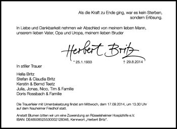 Traueranzeige von Herbert Britz von Rüsselsheimer Echo, Groß-Gerauer-Echo, Ried Echo