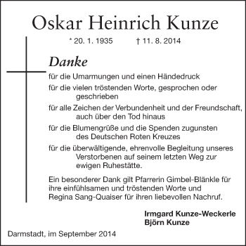 Traueranzeige von Oskar Heinrich Kunze von Echo-Zeitungen (Gesamtausgabe)