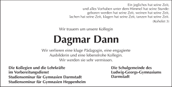 Traueranzeige von Dagmar Dann von Echo-Zeitungen (Gesamtausgabe)