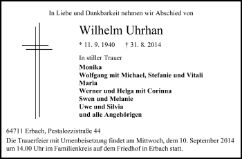 Traueranzeige von Wilhelm Uhrhan von Odenwälder Echo