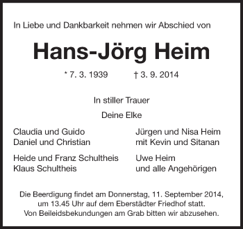 Traueranzeige von Hans-Jörg Heim von Echo-Zeitungen (Gesamtausgabe)