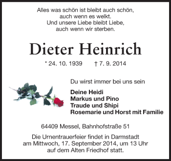 Traueranzeige von Dieter Heinrich von Echo-Zeitungen (Gesamtausgabe)