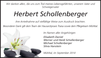 Traueranzeige von Herbert Schollenberger von Echo-Zeitungen (Gesamtausgabe)