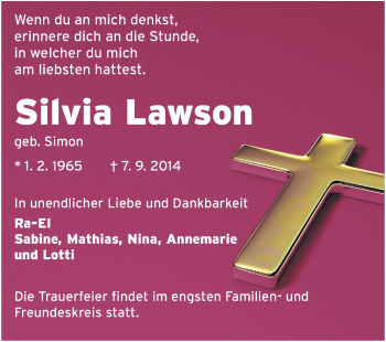 Traueranzeige von Silvia Lawson von Echo-Zeitungen (Gesamtausgabe)