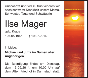 Traueranzeige von Ilse Mager von Echo-Zeitungen (Gesamtausgabe)
