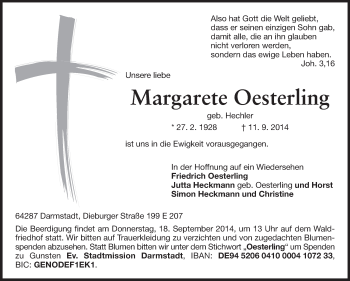 Traueranzeige von Margarete Oesterling von Echo-Zeitungen (Gesamtausgabe)