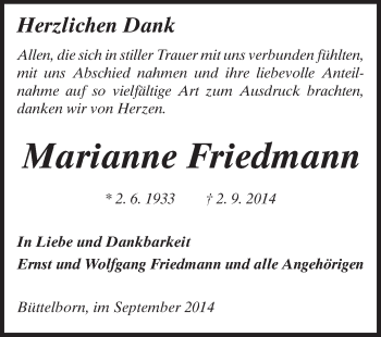Traueranzeige von Marianne Friedmann von Rüsselsheimer Echo, Groß-Gerauer-Echo, Ried Echo