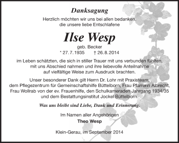 Traueranzeige von Ilse Wesp von Rüsselsheimer Echo, Groß-Gerauer-Echo, Ried Echo