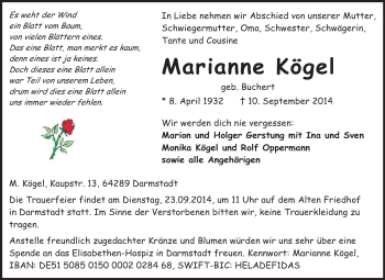 Traueranzeige von Marianne Kögel von Echo-Zeitungen (Gesamtausgabe)