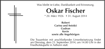 Traueranzeige von Oskar Fischer von Rüsselsheimer Echo, Groß-Gerauer-Echo, Ried Echo