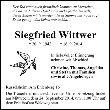 Traueranzeige von Siegfried Wittwer von Rüsselsheimer Echo, Groß-Gerauer-Echo, Ried Echo