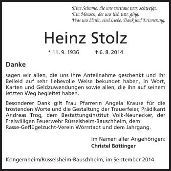 Traueranzeige von Heinz Stolz von Rüsselsheimer Echo, Groß-Gerauer-Echo, Ried Echo