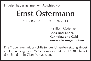 Traueranzeige von Ersnt Ostermann von Echo-Zeitungen (Gesamtausgabe)