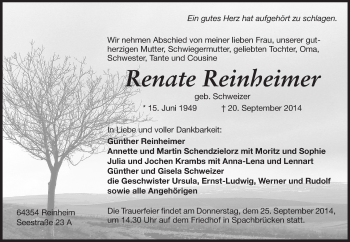 Traueranzeige von Renate Reinheimer von Echo-Zeitungen (Gesamtausgabe)