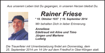 Traueranzeige von Rainer Friese von Echo-Zeitungen (Gesamtausgabe)