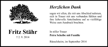 Traueranzeige von Fritz Stähr von Rüsselsheimer Echo, Groß-Gerauer-Echo, Ried Echo