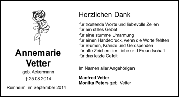 Traueranzeige von Annemarie Vetter von Echo-Zeitungen (Gesamtausgabe)