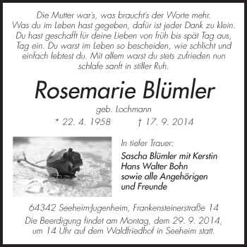 Traueranzeige von Rosemarie Blümler von Echo-Zeitungen (Gesamtausgabe)