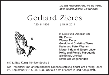 Traueranzeige von Gerhard Zieres von Odenwälder Echo
