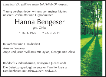 Traueranzeige von Hanna Bengeser von Echo-Zeitungen (Gesamtausgabe)