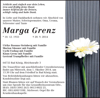 Traueranzeige von Marga Grenz von Odenwälder Echo