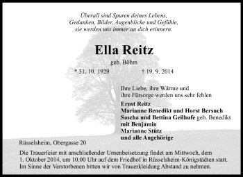 Traueranzeige von Ella Reitz von Rüsselsheimer Echo, Groß-Gerauer-Echo, Ried Echo