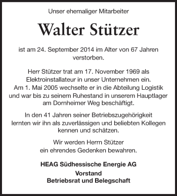 Traueranzeige von Walter Stützer von Echo-Zeitungen (Gesamtausgabe)