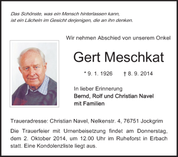 Traueranzeige von Gert Meschkat von Odenwälder Echo