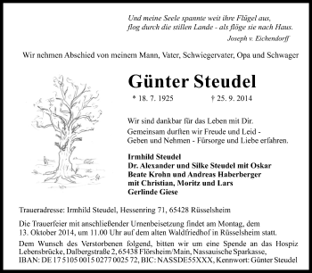 Traueranzeige von Günter Steudel von Rüsselsheimer Echo, Groß-Gerauer-Echo, Ried Echo