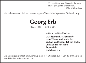 Traueranzeige von Georg Erb von Echo-Zeitungen (Gesamtausgabe)