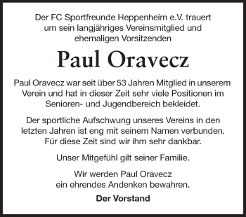 Traueranzeige von Paul Oravecz von Starkenburger Echo