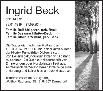 Traueranzeige von Ingrid Beck von Echo-Zeitungen (Gesamtausgabe)