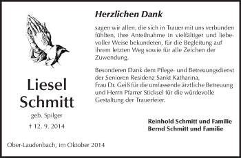 Traueranzeige von Liesel Schmitt von Starkenburger Echo