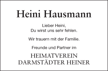 Traueranzeige von Heinrich Heini Hausmann von Echo-Zeitungen (Gesamtausgabe)