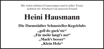 Traueranzeige von Heinrich Heini Hausmann von Echo-Zeitungen (Gesamtausgabe)