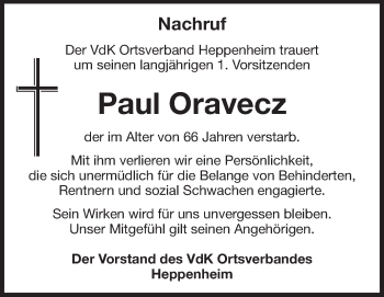 Traueranzeige von Paul Oravecz von Starkenburger Echo