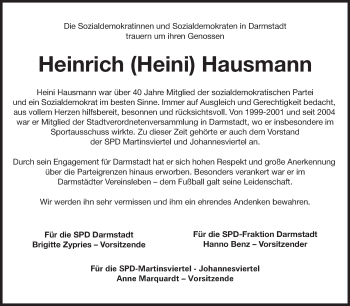 Traueranzeige von Heinrich Heini Hausmann von Echo-Zeitungen (Gesamtausgabe)