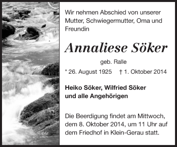 Traueranzeige von Annaliese Söker von Echo-Zeitungen (Gesamtausgabe)