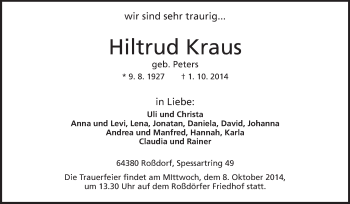 Traueranzeige von Hiltrud Kraus von Echo-Zeitungen (Gesamtausgabe)