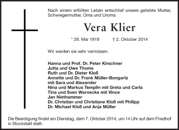 Traueranzeige von Vera Klier von Rüsselsheimer Echo, Groß-Gerauer-Echo, Ried Echo