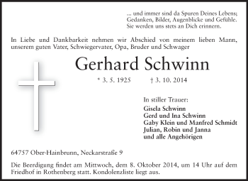Traueranzeige von Gerhard Schwinn von Odenwälder Echo