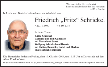 Traueranzeige von Friedrich Schrickel von Echo-Zeitungen (Gesamtausgabe)