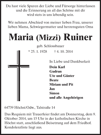 Traueranzeige von Maria Ruiner von Odenwälder Echo